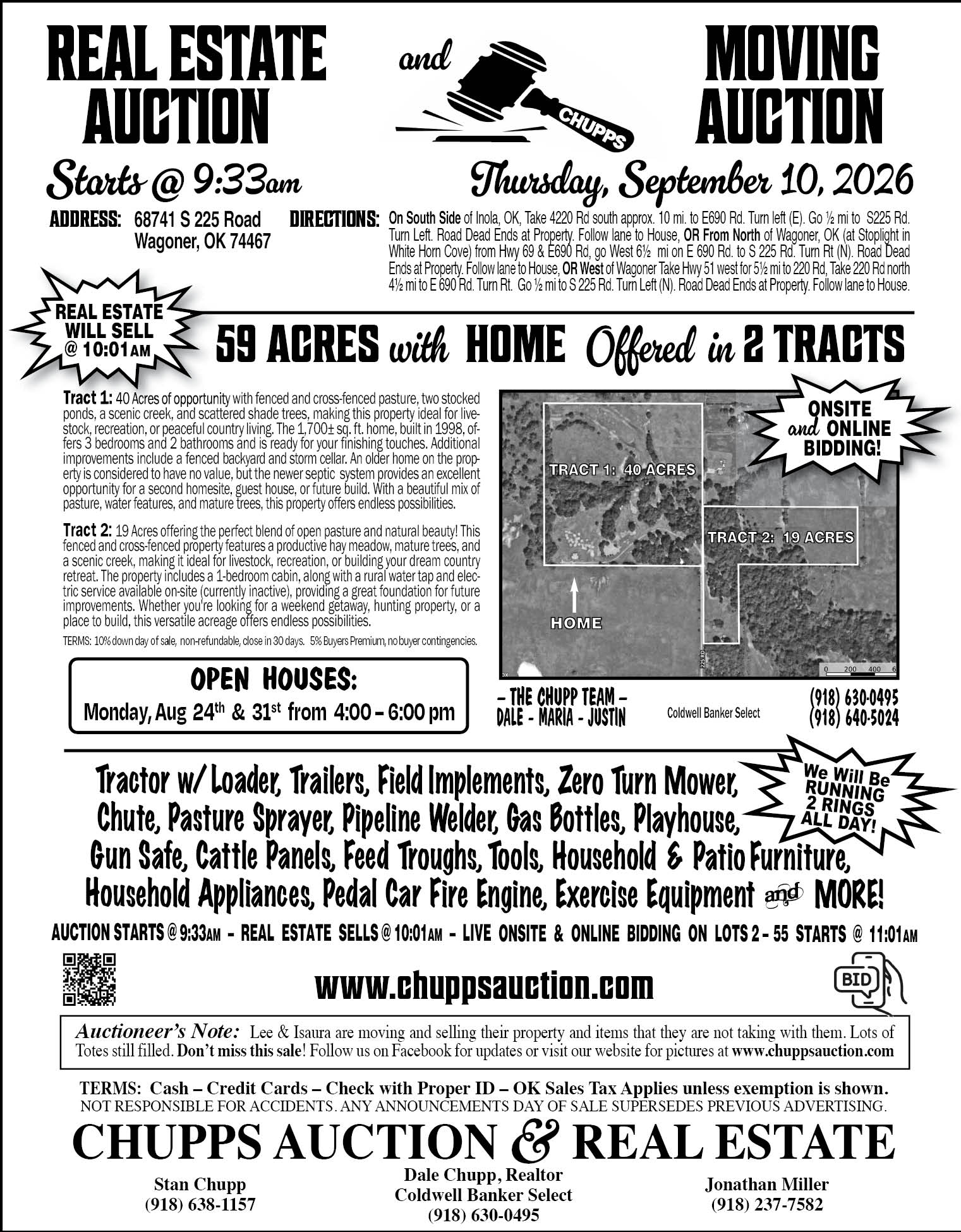 Chupps real estate and moving auction September 10, 2026 in Wagoner, Oklahoma